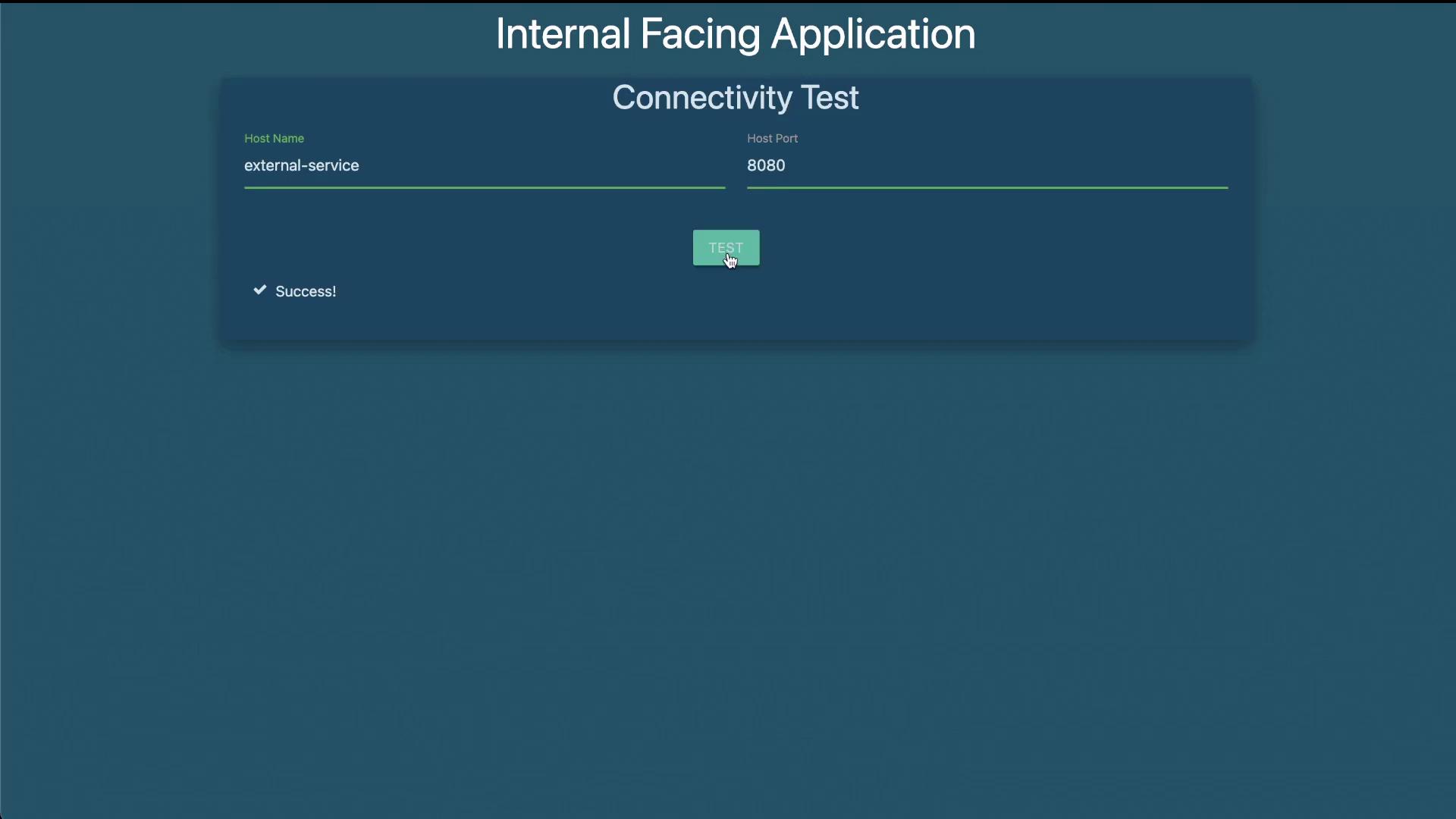 The image shows an "Internal Facing Application" performing a connectivity test to "external-service" on port 8080, with a successful result.