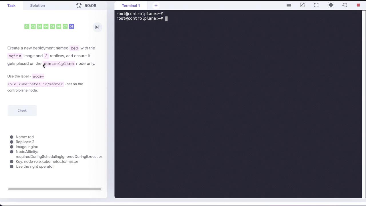 The image shows a task to create a Kubernetes deployment named "red" using the nginx image with 2 replicas, placed on the controlplane node.