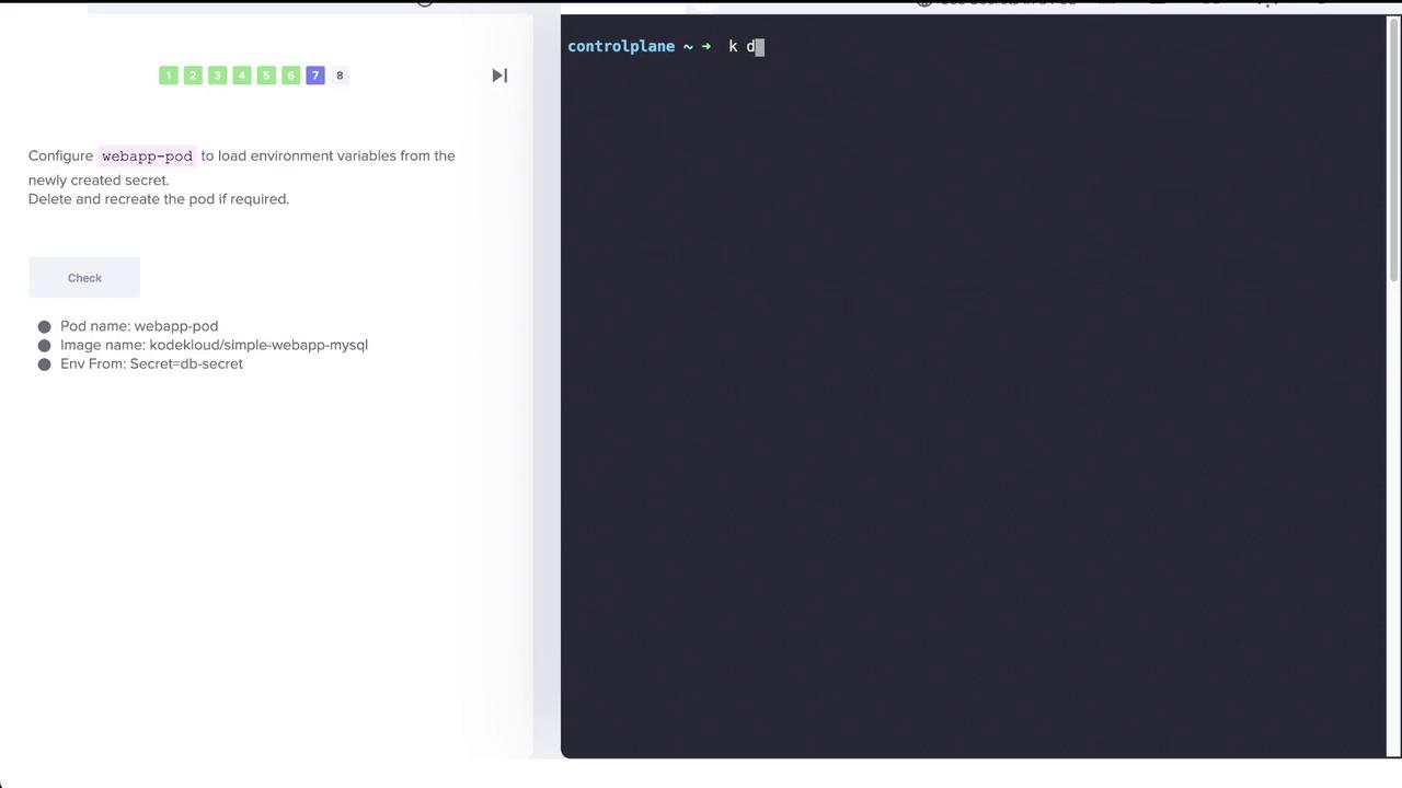 The image shows a Kubernetes task to configure a pod named "webapp-pod" to load environment variables from a secret, with a terminal on the right.