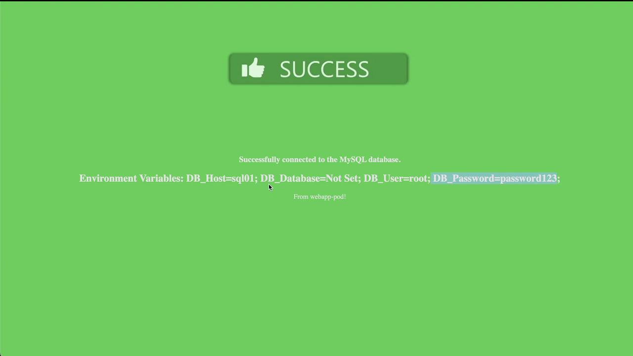 The image shows a green success message indicating a successful MySQL database connection, displaying environment variables including host, user, and password.