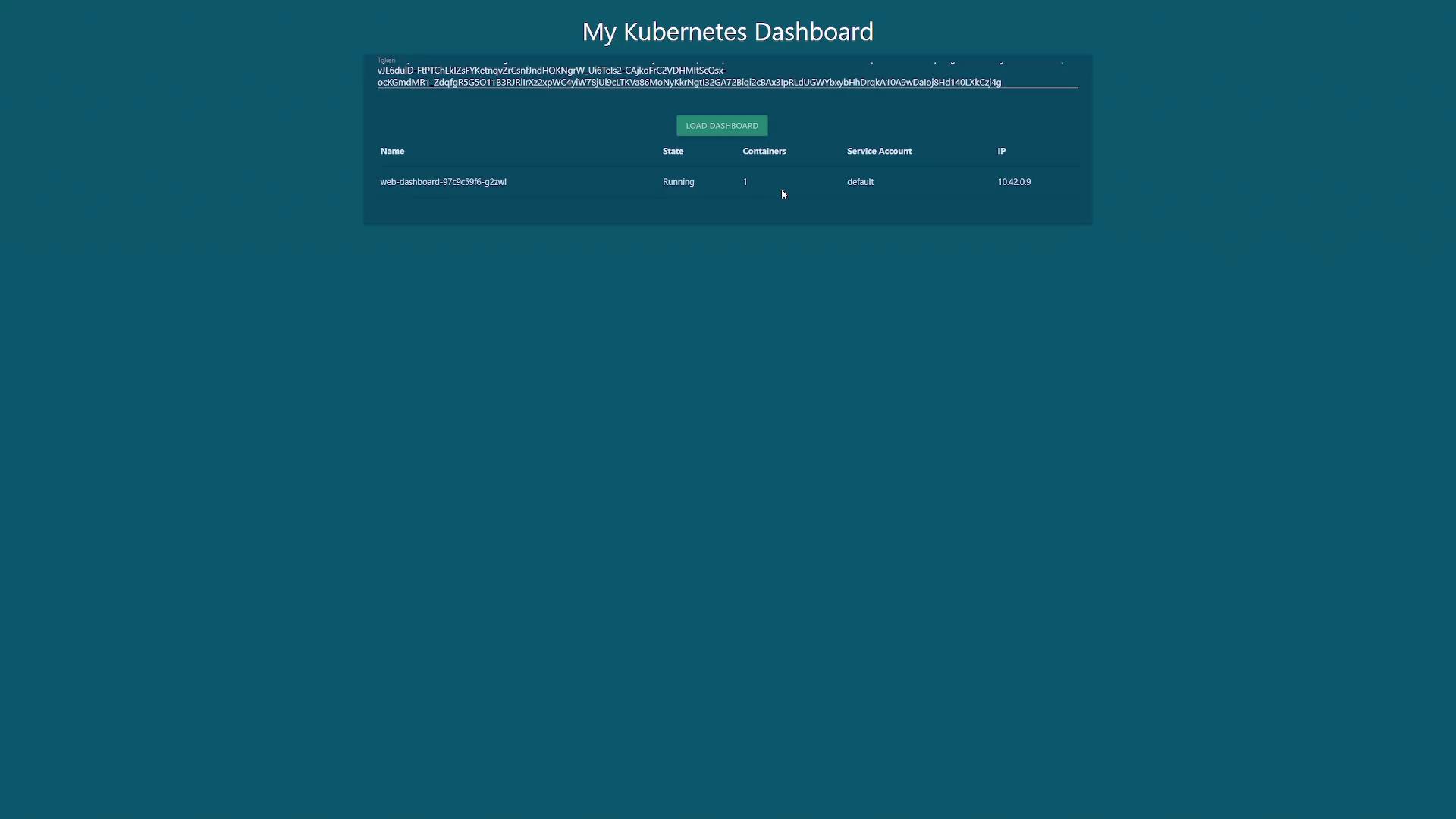 The image shows a Kubernetes dashboard with a running container named "web-dashboard" and its IP address, under a teal background.