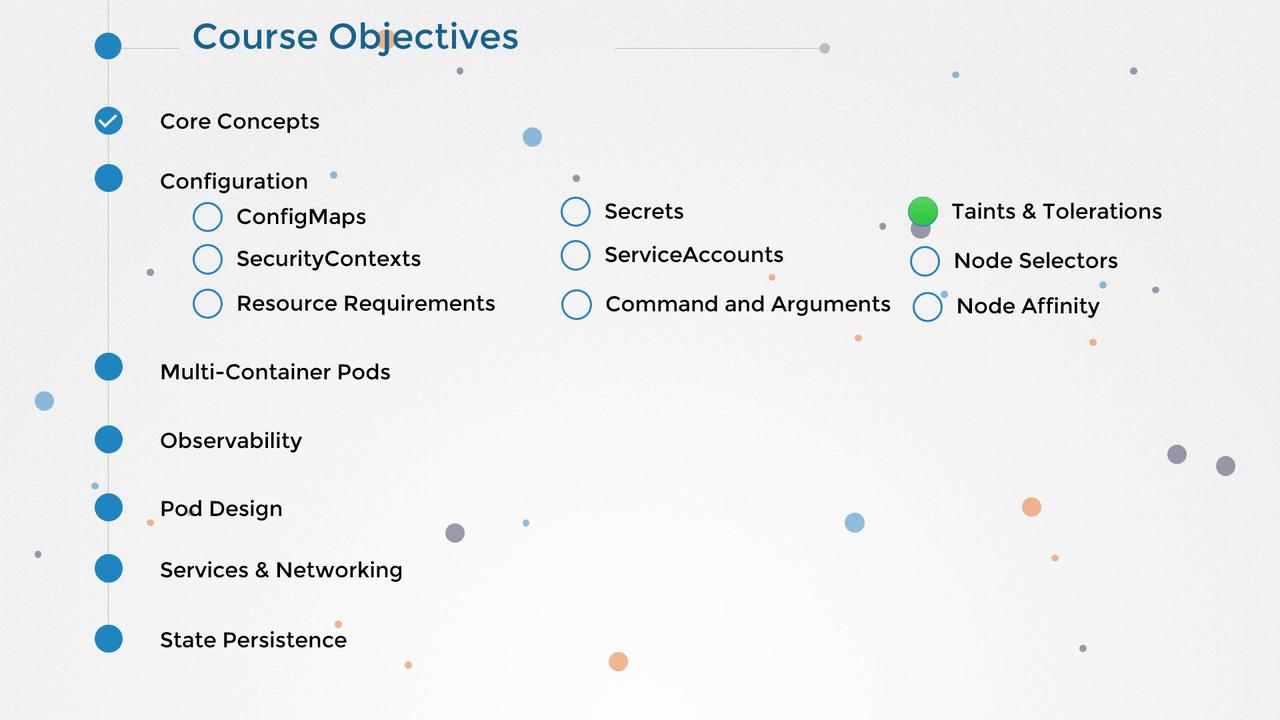 The image lists course objectives, including core concepts, configuration, multi-container pods, observability, pod design, services, networking, and state persistence, with specific topics under configuration.