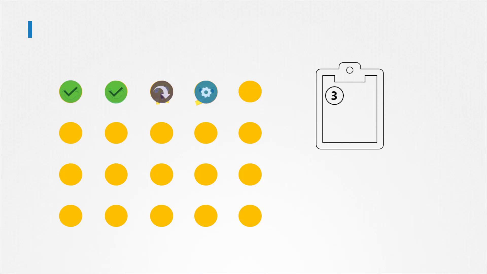 The image shows a grid of yellow circles with icons, including check marks and gears, and a clipboard with the number 3 on it.