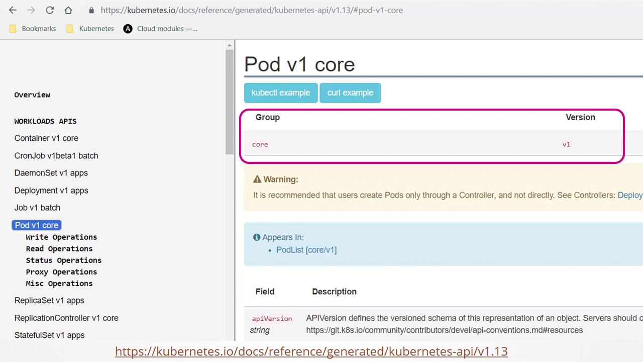 The image shows a Kubernetes documentation page for "Pod v1 core," highlighting API details and a warning about creating Pods through a Controller.
