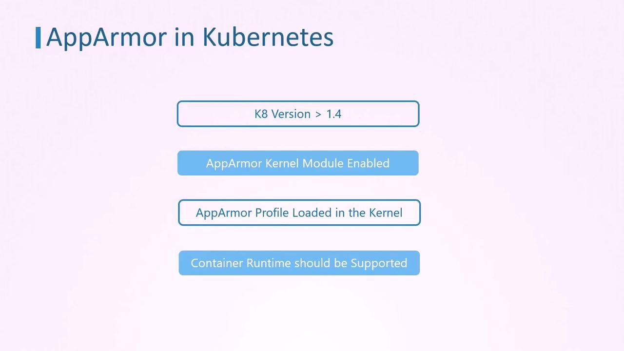 The image outlines requirements for using AppArmor in Kubernetes: version above 1.4, enabled kernel module, loaded profile, and supported container runtime.
