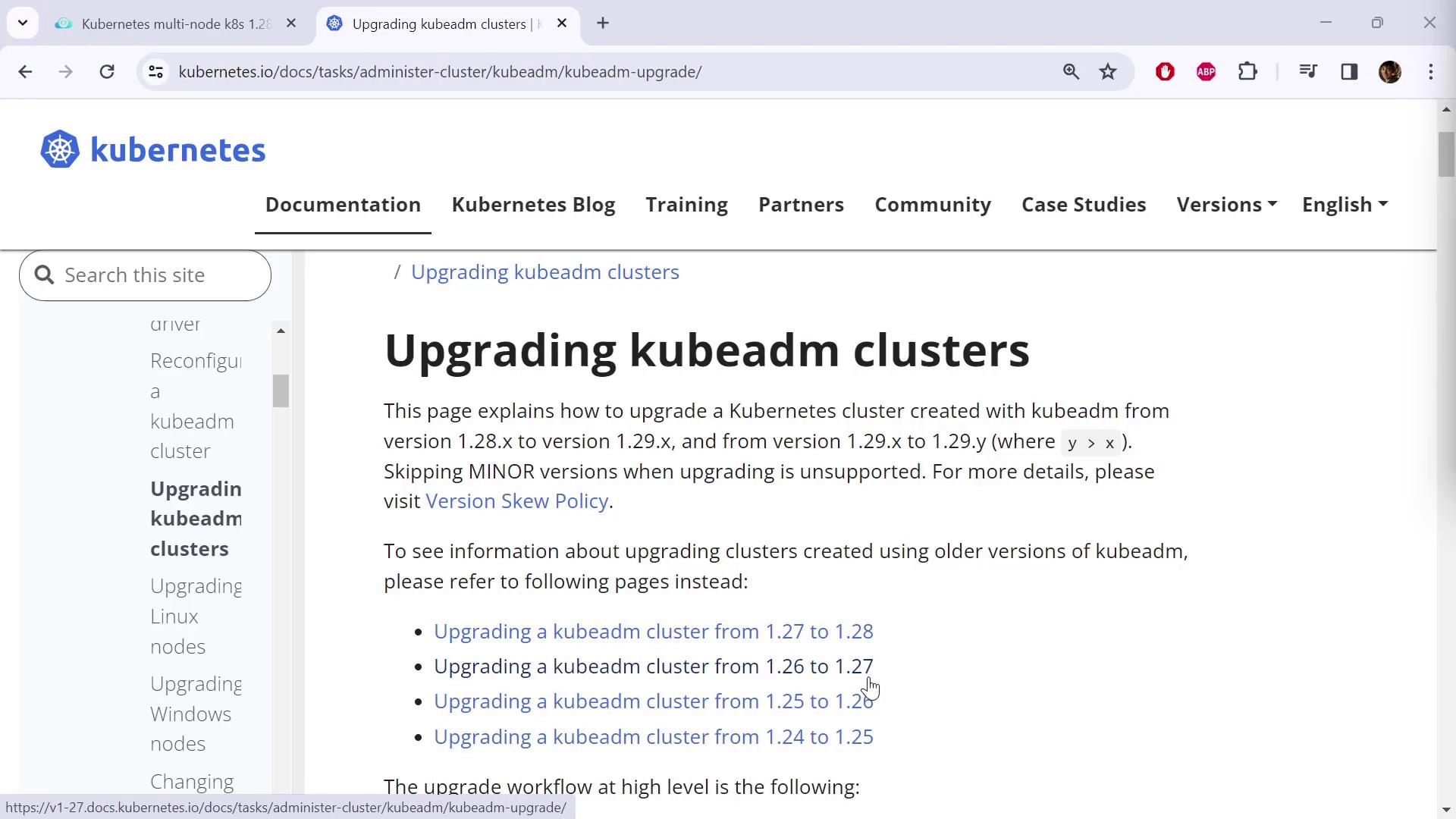 The image shows a webpage from Kubernetes documentation about upgrading kubeadm clusters, detailing version upgrade paths and linking to additional resources.