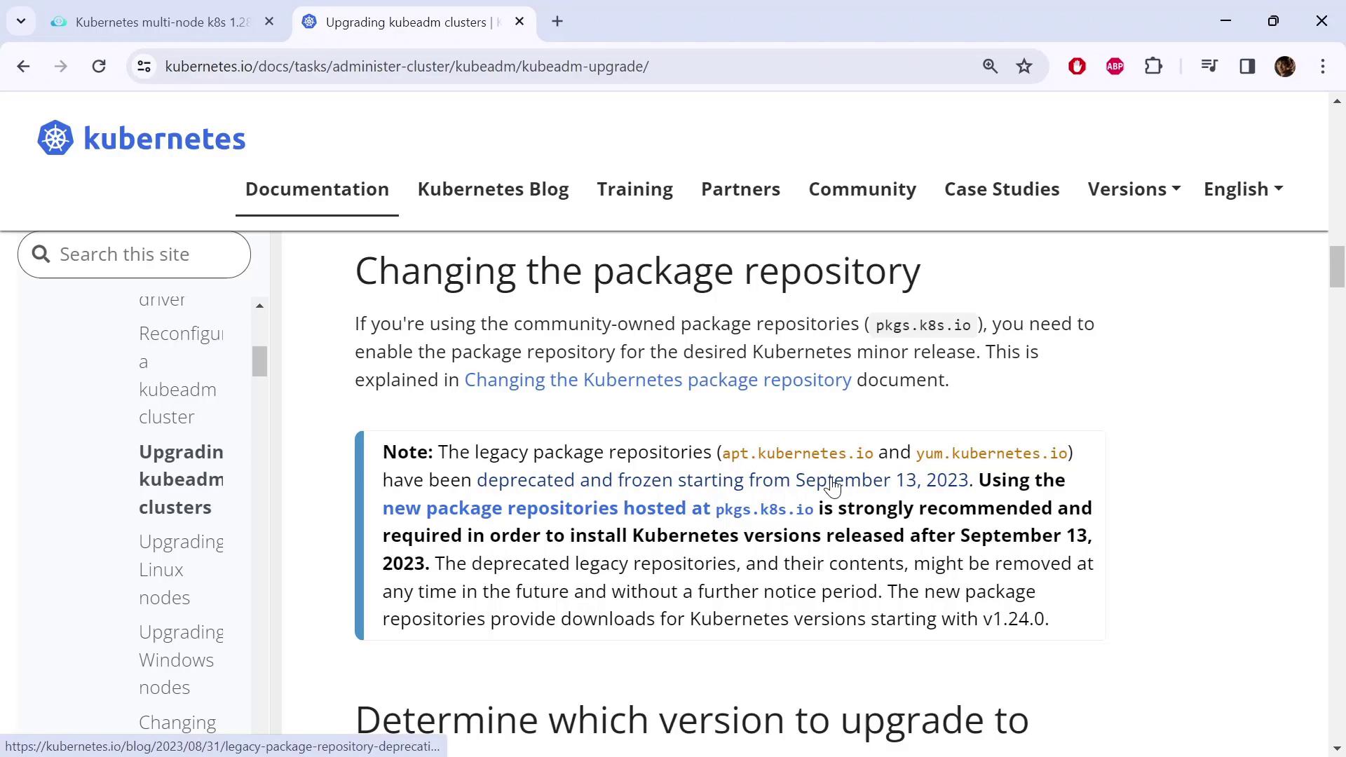 The image is a webpage from Kubernetes documentation about changing the package repository, highlighting the deprecation of legacy repositories and recommending new ones.