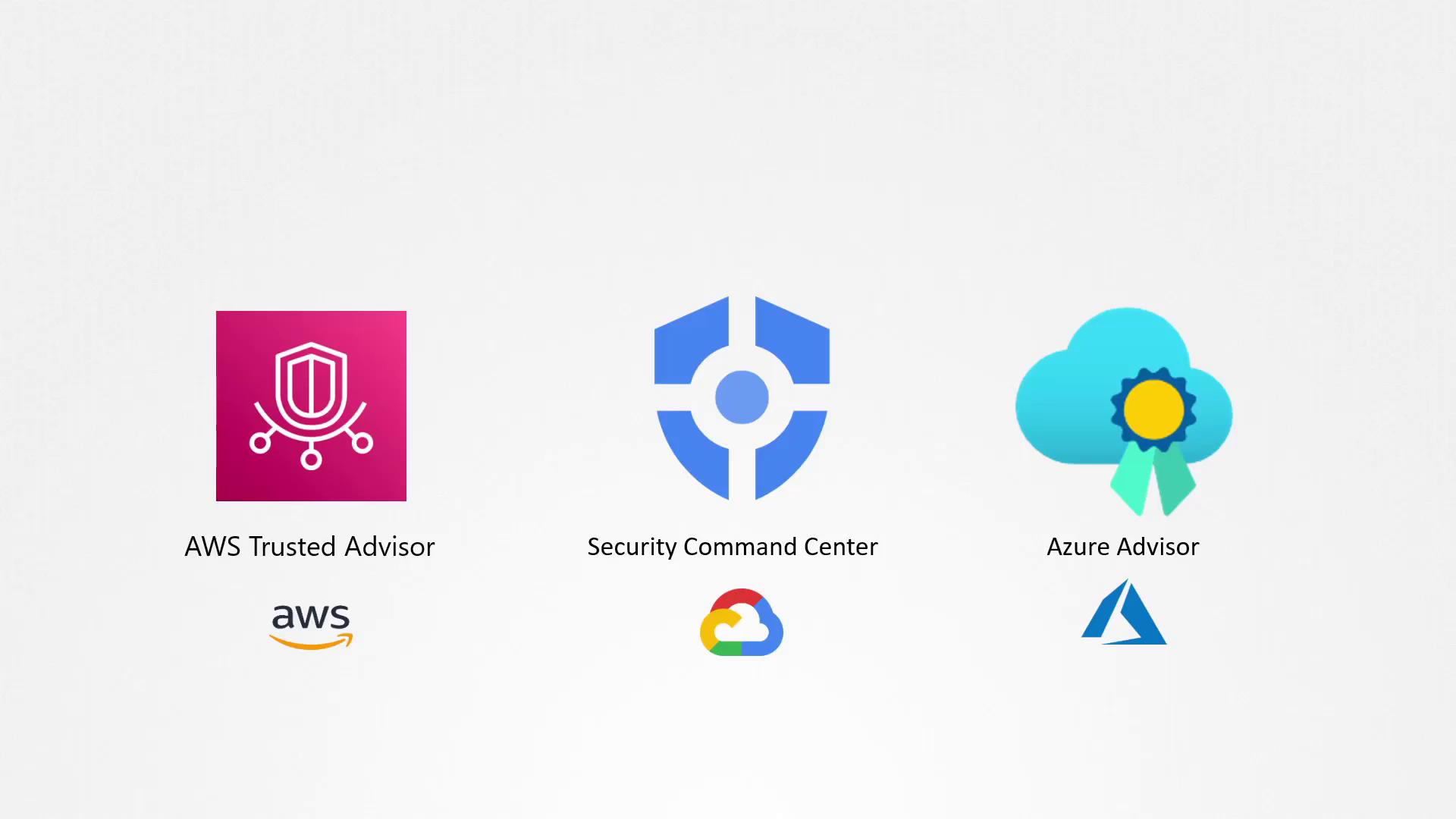 The image shows logos for AWS Trusted Advisor, Google Cloud's Security Command Center, and Azure Advisor, representing cloud security and advisory services from Amazon, Google, and Microsoft.