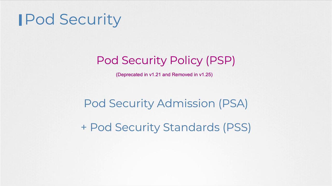 The image outlines Kubernetes pod security, mentioning Pod Security Policy (deprecated), Pod Security Admission, and Pod Security Standards.