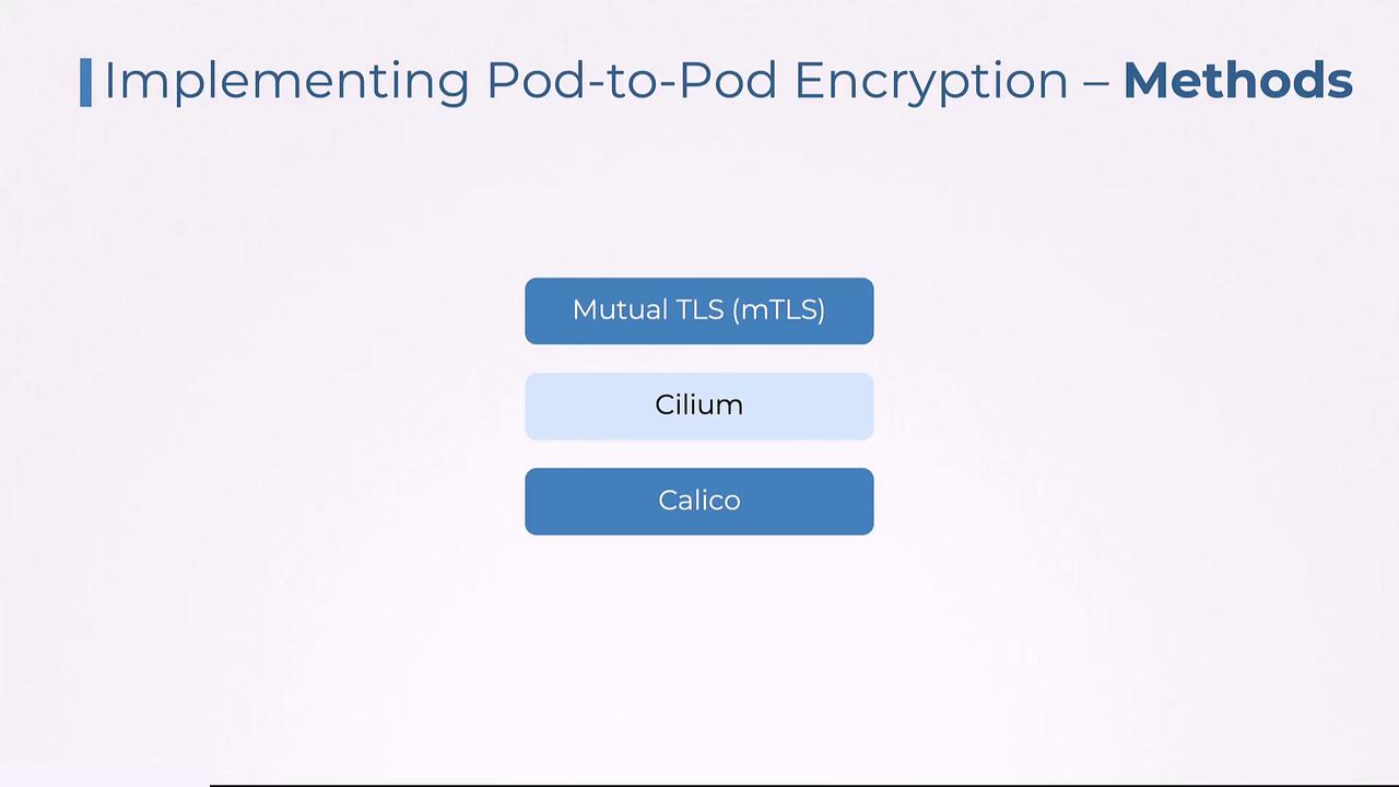 The image lists methods for implementing pod-to-pod encryption: Mutual TLS (mTLS), Cilium, and Calico.