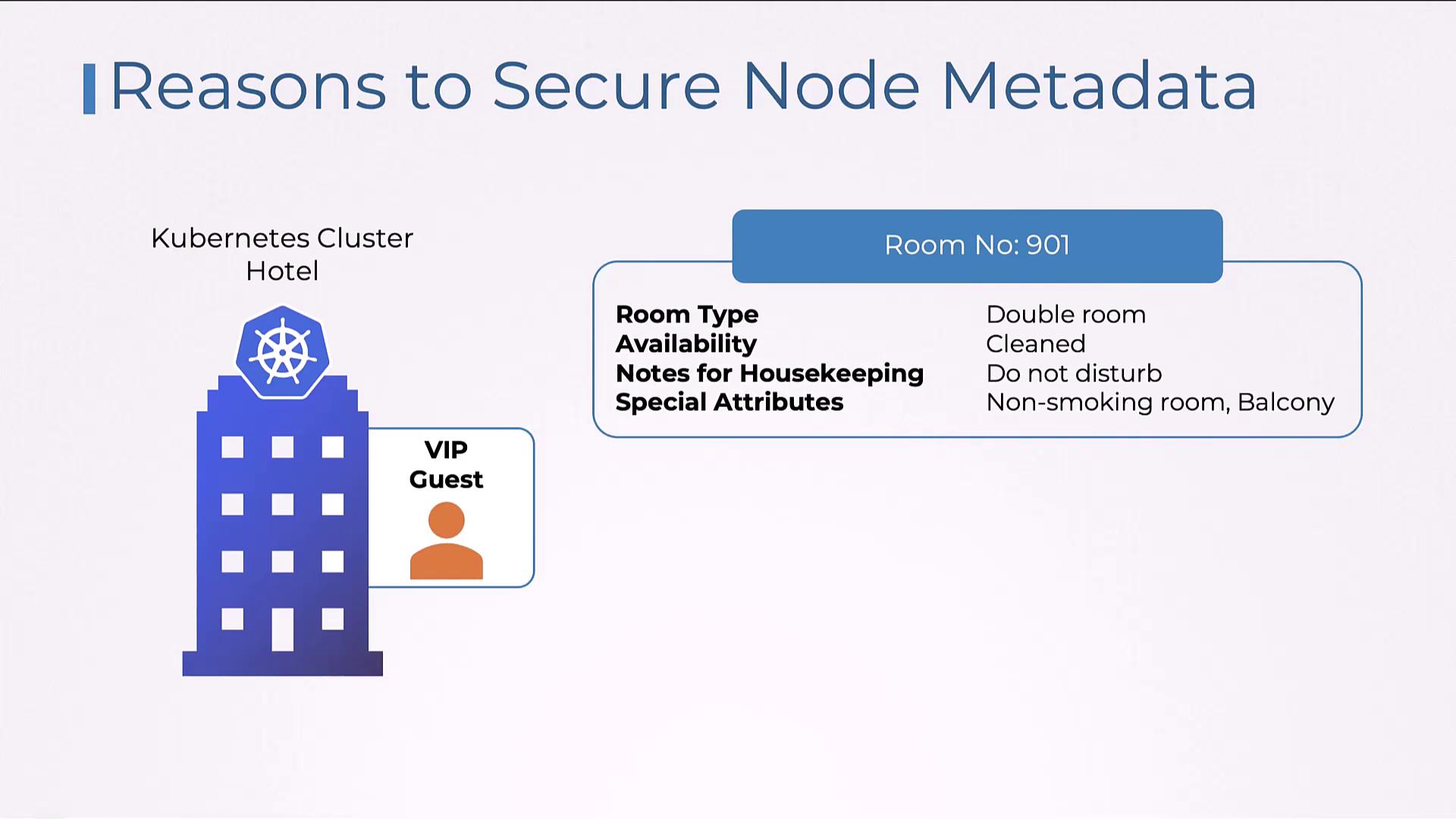 The image illustrates a concept of securing node metadata using a hotel analogy, featuring a Kubernetes cluster, VIP guest, and room details like type and special attributes.