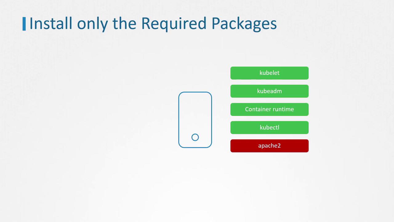 The image advises installing only necessary packages, listing "kubelet," "kubeadm," "Container runtime," and "kubectl" in green, and "apache2" in red.