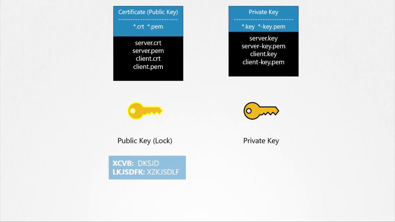 The image illustrates the difference between public and private keys, showing file extensions and representations for each type.