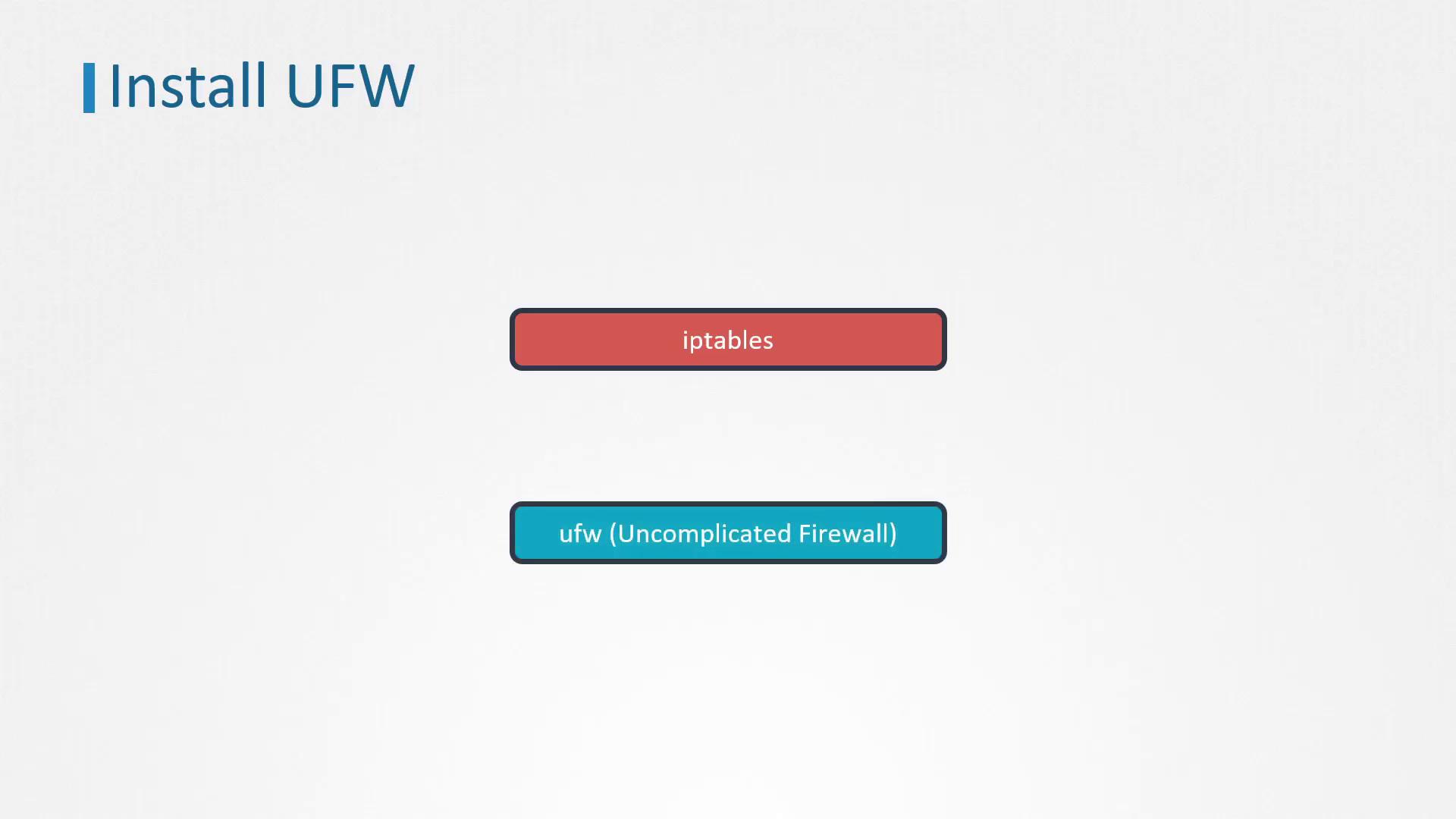 The image shows a comparison between "iptables" and "ufw (Uncomplicated Firewall)" under the title "Install UFW."