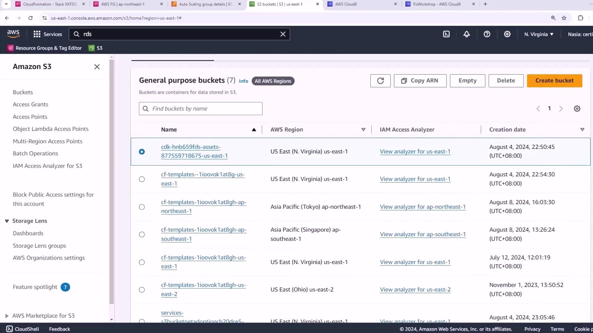 The image shows an Amazon S3 console with a list of general-purpose buckets, displaying their names, AWS regions, IAM access analyzers, and creation dates.