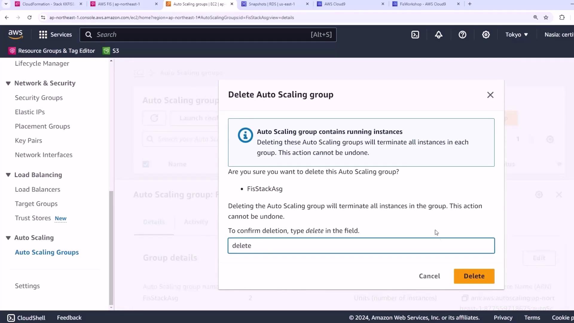 The image shows a confirmation dialog in the AWS console for deleting an Auto Scaling group, warning that this action will terminate all instances in the group. The user is prompted to type "delete" to confirm the action.