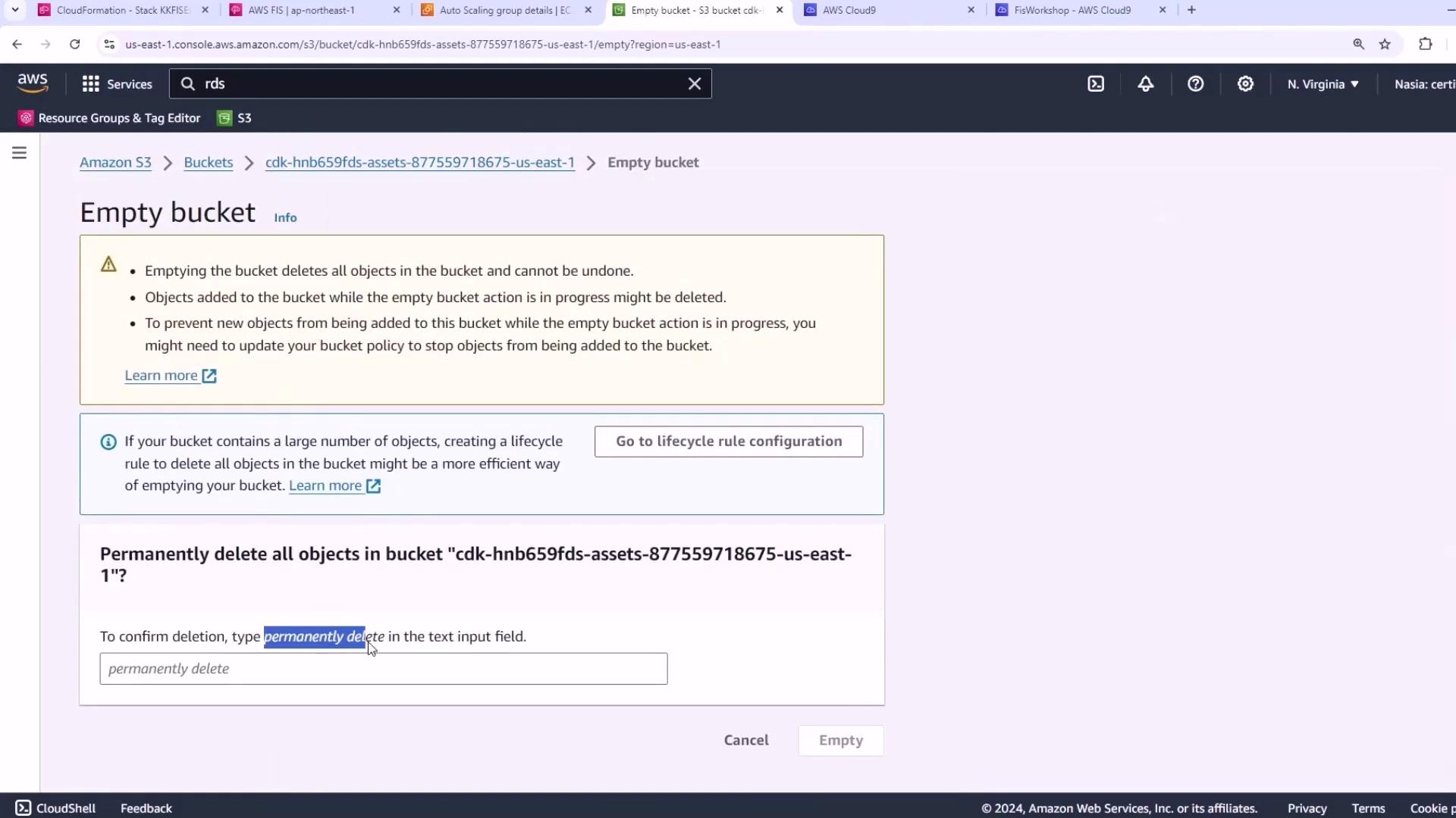 The image shows an AWS S3 console screen where a user is prompted to confirm the permanent deletion of all objects in a bucket by typing "permanently delete."
