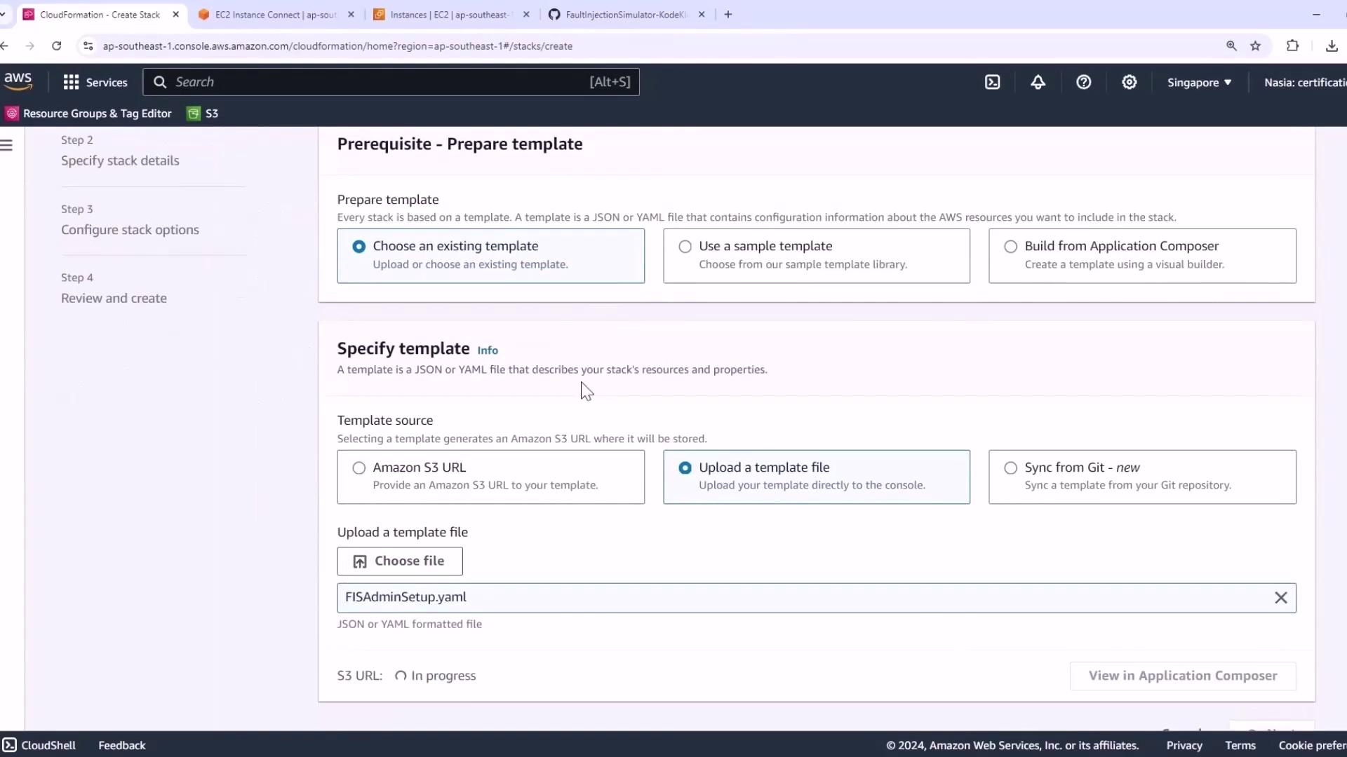 The image shows an AWS CloudFormation interface where a user is preparing a template for creating a stack, with options to choose an existing template, use a sample, or build from an application composer. The user has uploaded a template file named "FISAdminSetup.yaml".