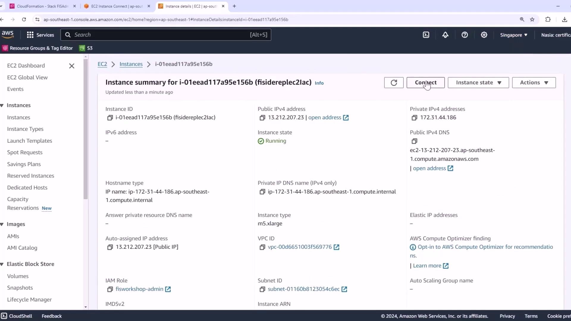 The image shows an AWS EC2 instance summary page, displaying details such as instance ID, public and private IP addresses, instance state, and type.