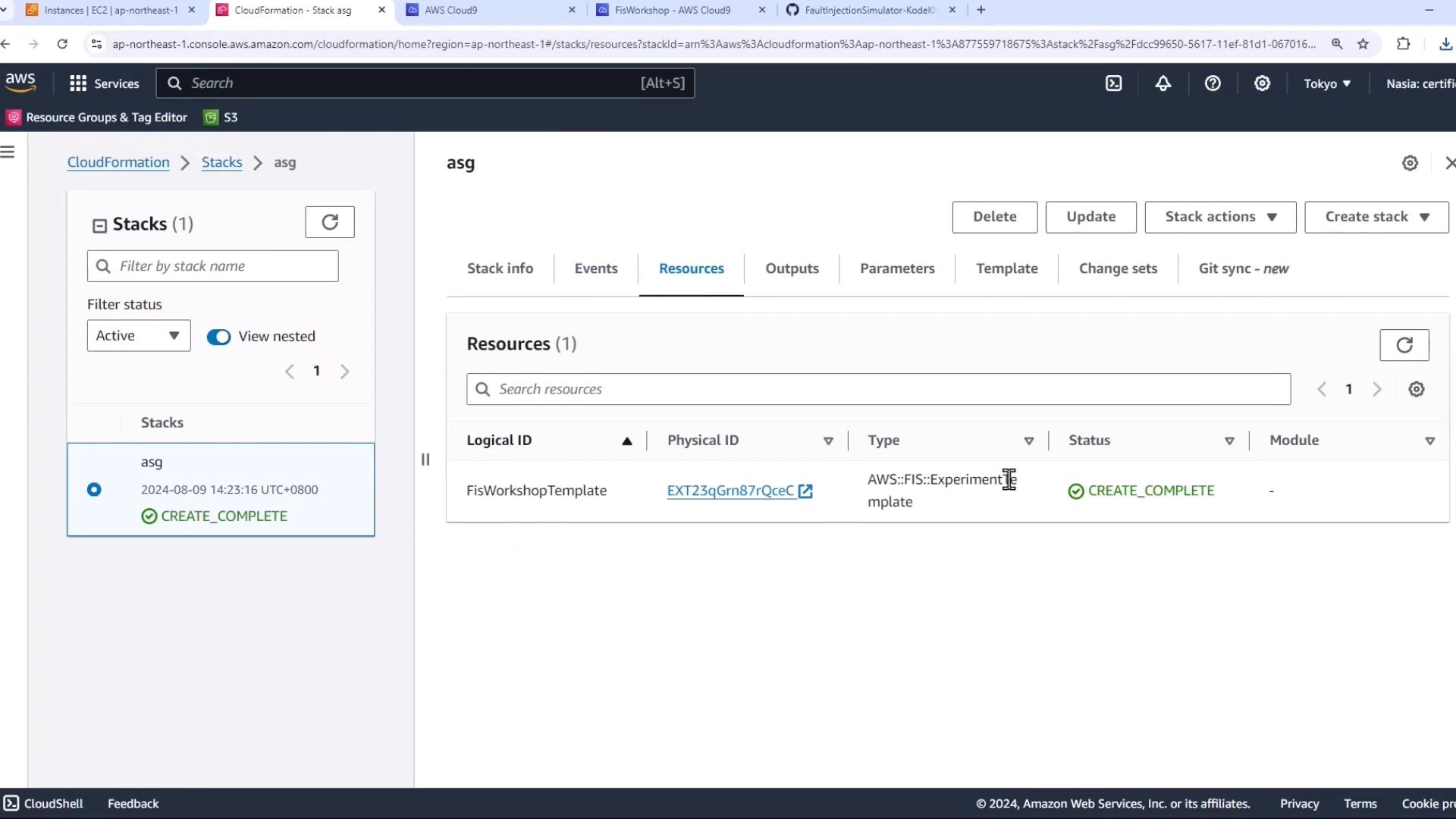The image shows an AWS CloudFormation console with a stack named "asg" that has a status of "CREATE_COMPLETE." It displays details of a resource with a logical ID "FisWorkshopTemplate" and type "AWS::FIS::ExperimentTemplate."