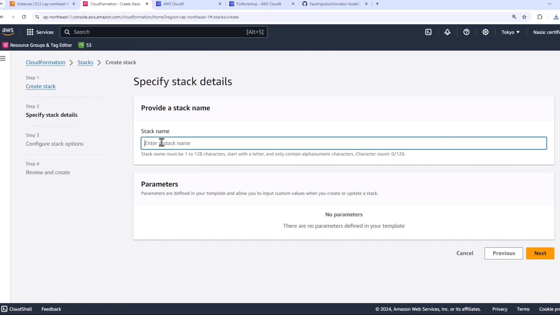 The image shows an AWS CloudFormation interface where a user is prompted to specify stack details, including providing a stack name. There are no parameters defined in the template.