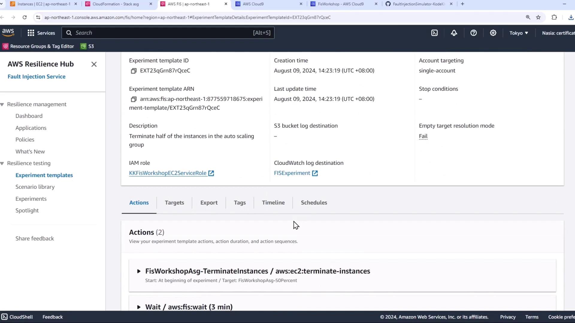 The image shows an AWS Fault Injection Simulator (FIS) interface with details of an experiment template designed to terminate half of the instances in an auto-scaling group. It includes information such as the experiment template ID, ARN, creation time, and actions involved.