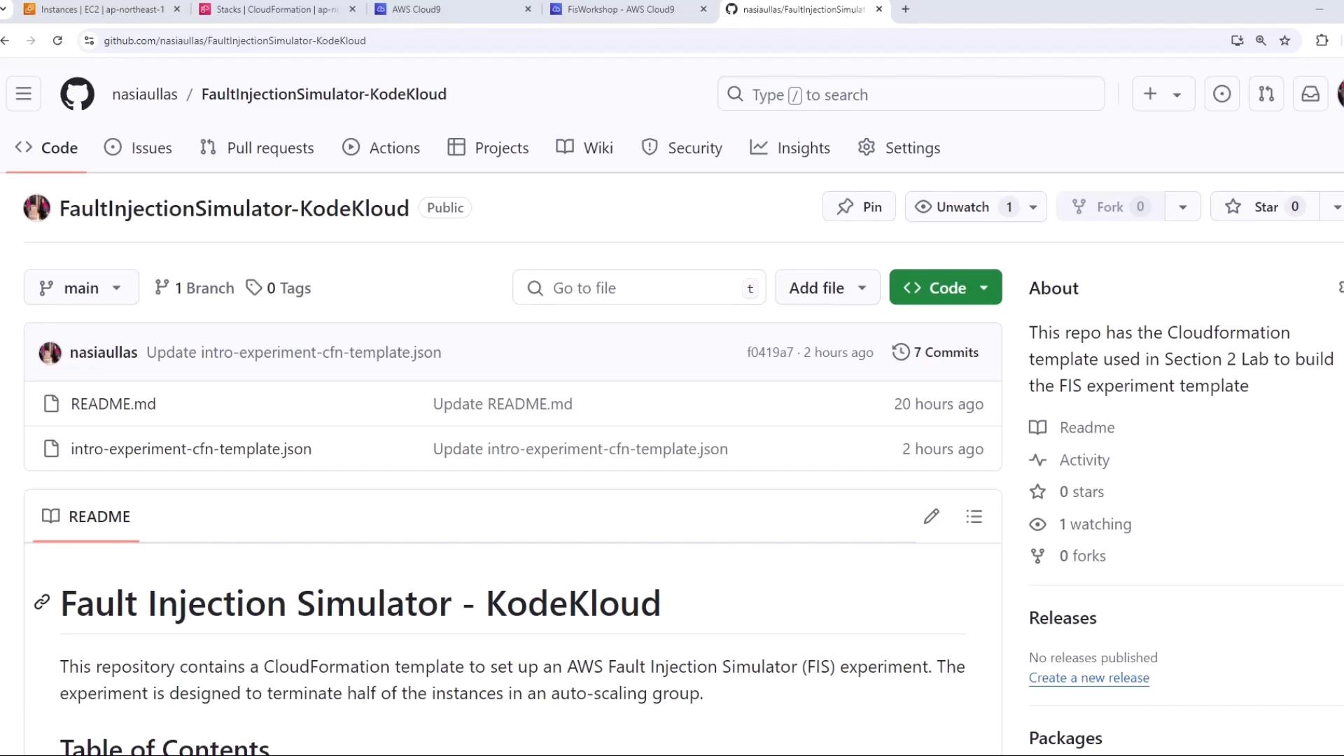 The image shows a GitHub repository page for "FaultInjectionSimulator-KodeKloud," containing files and a README for setting up an AWS Fault Injection Simulator experiment.