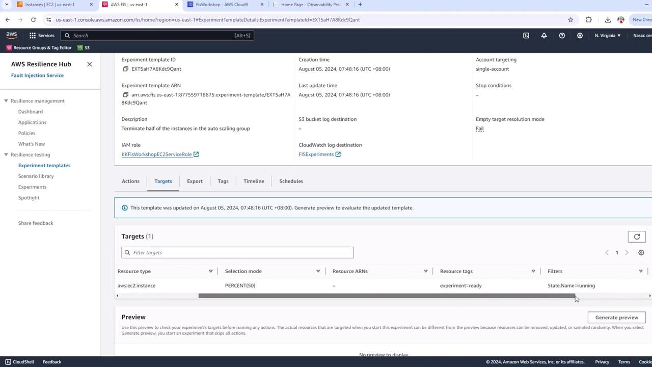 The image shows an AWS Resilience Hub interface, specifically the Fault Injection Simulator (FIS) section, displaying details of an experiment template designed to terminate half of the instances in an auto-scaling group.
