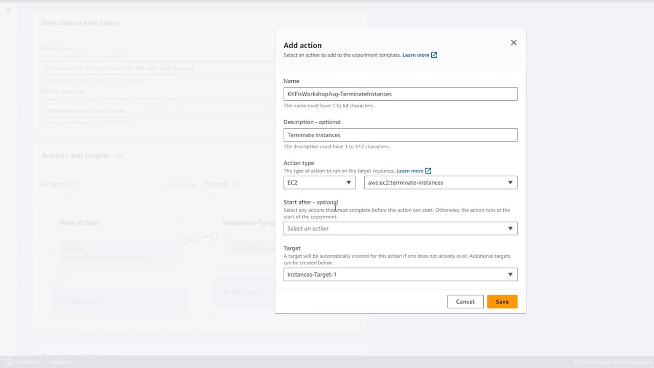 The image shows a form for adding an action in a cloud management interface, specifically for terminating EC2 instances. It includes fields for name, description, action type, and target selection.