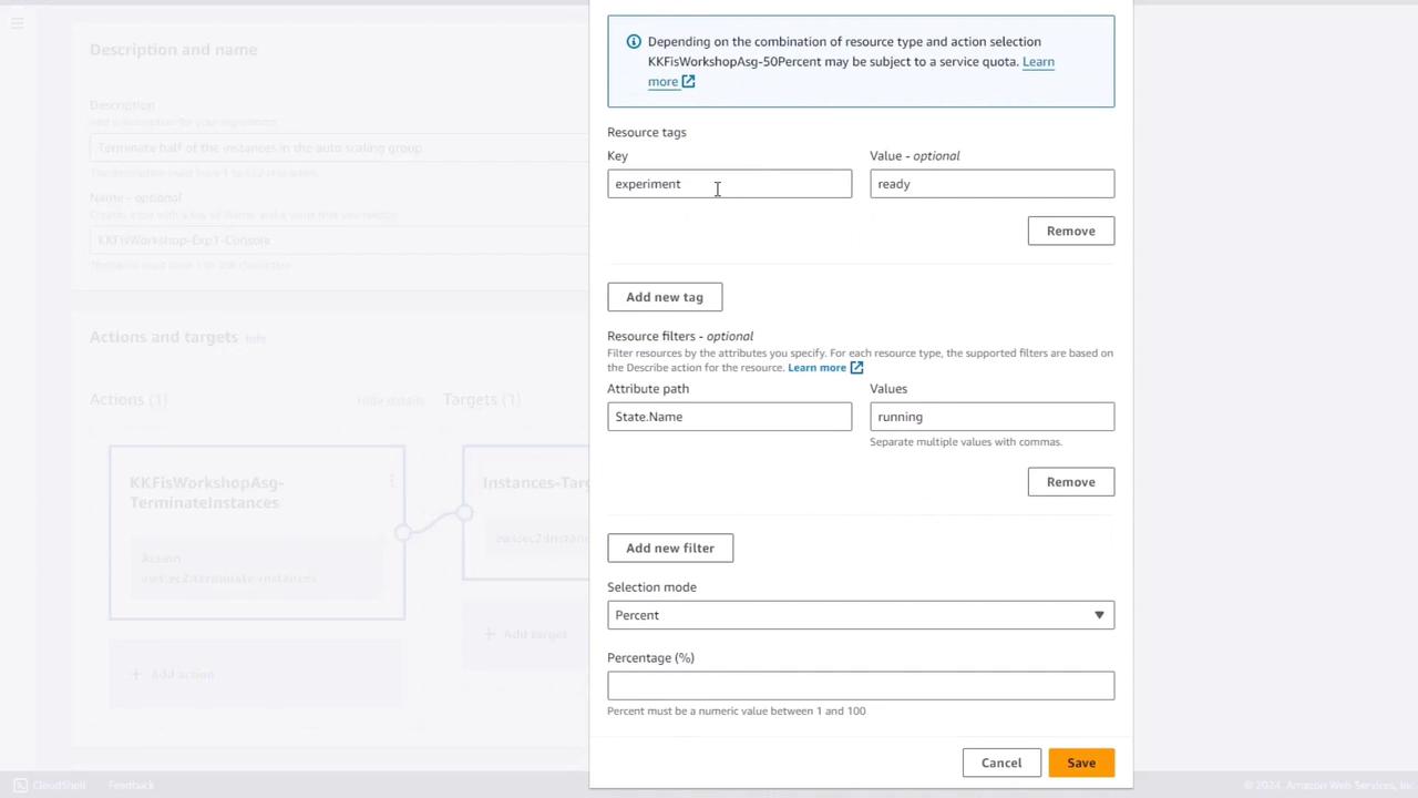 The image shows a configuration interface for setting resource tags and filters, with options to add tags and filters, and a section for selecting a percentage mode.