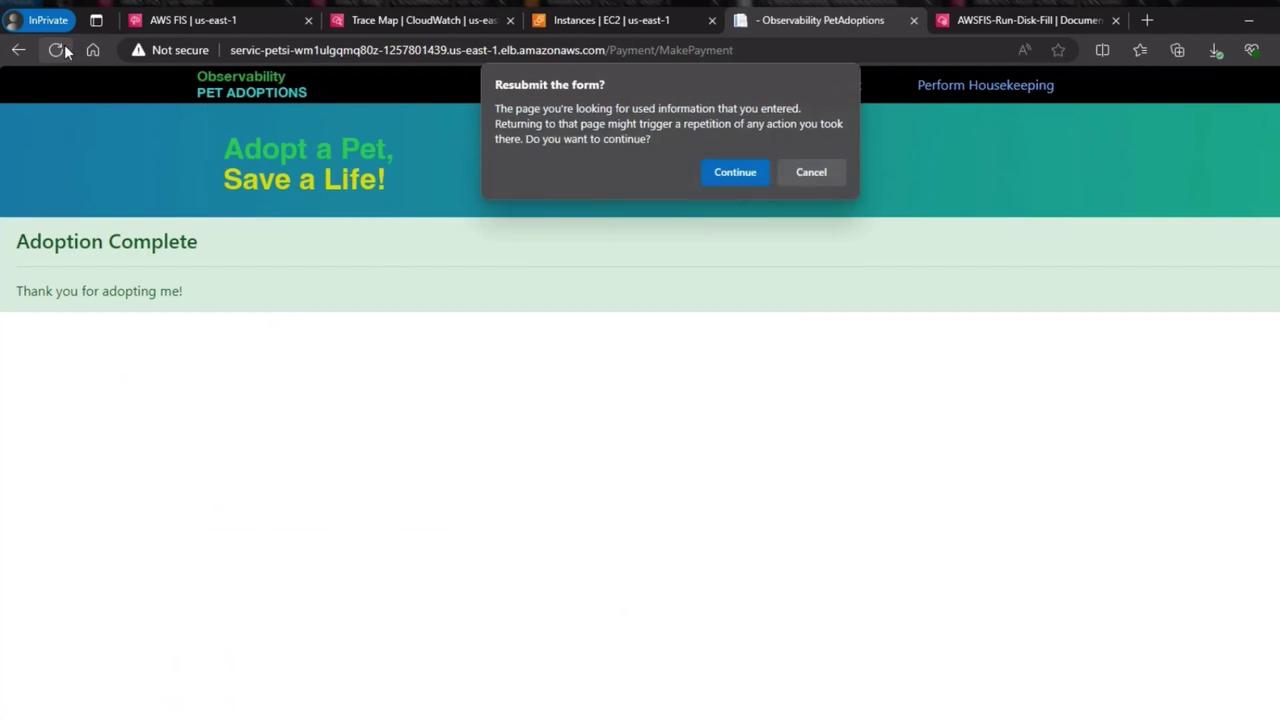 The image shows a webpage with a message indicating "Adoption Complete" and a pop-up asking to resubmit a form. The page is related to pet adoptions.