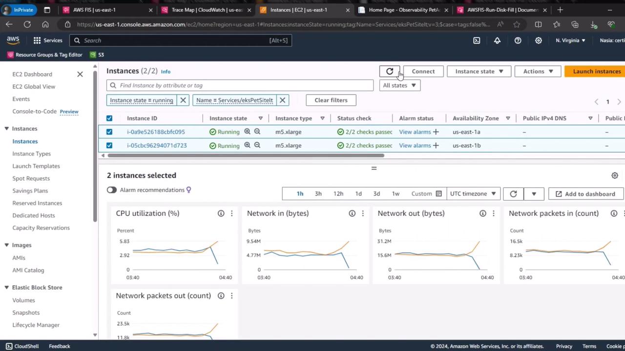 The image shows an AWS EC2 dashboard with two running instances selected, displaying metrics like CPU utilization and network activity. The instances are of type m5.xlarge and are located in different availability zones.