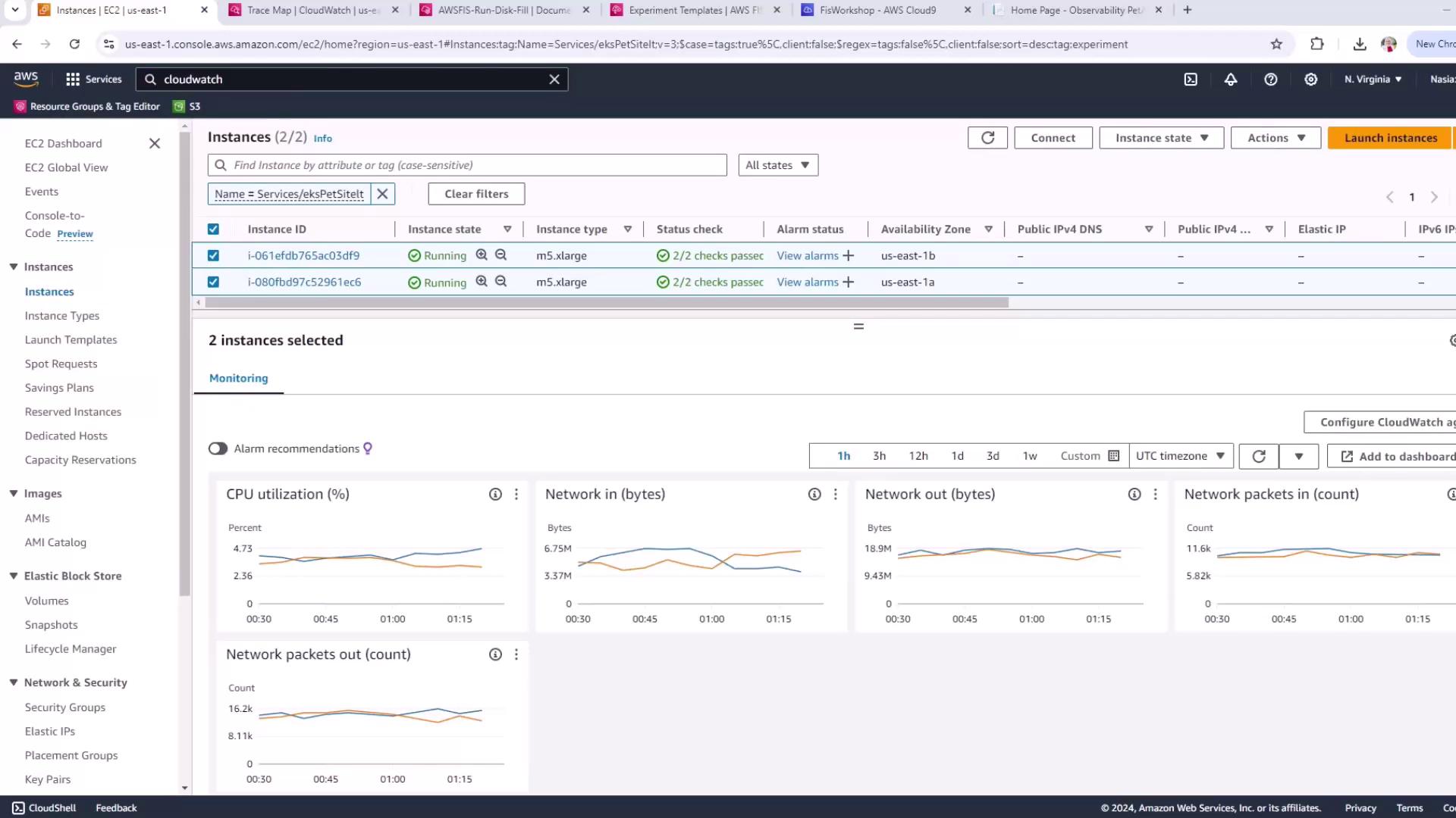 The image shows an AWS EC2 dashboard with two running instances, displaying monitoring metrics such as CPU utilization, network in/out bytes, and network packets.