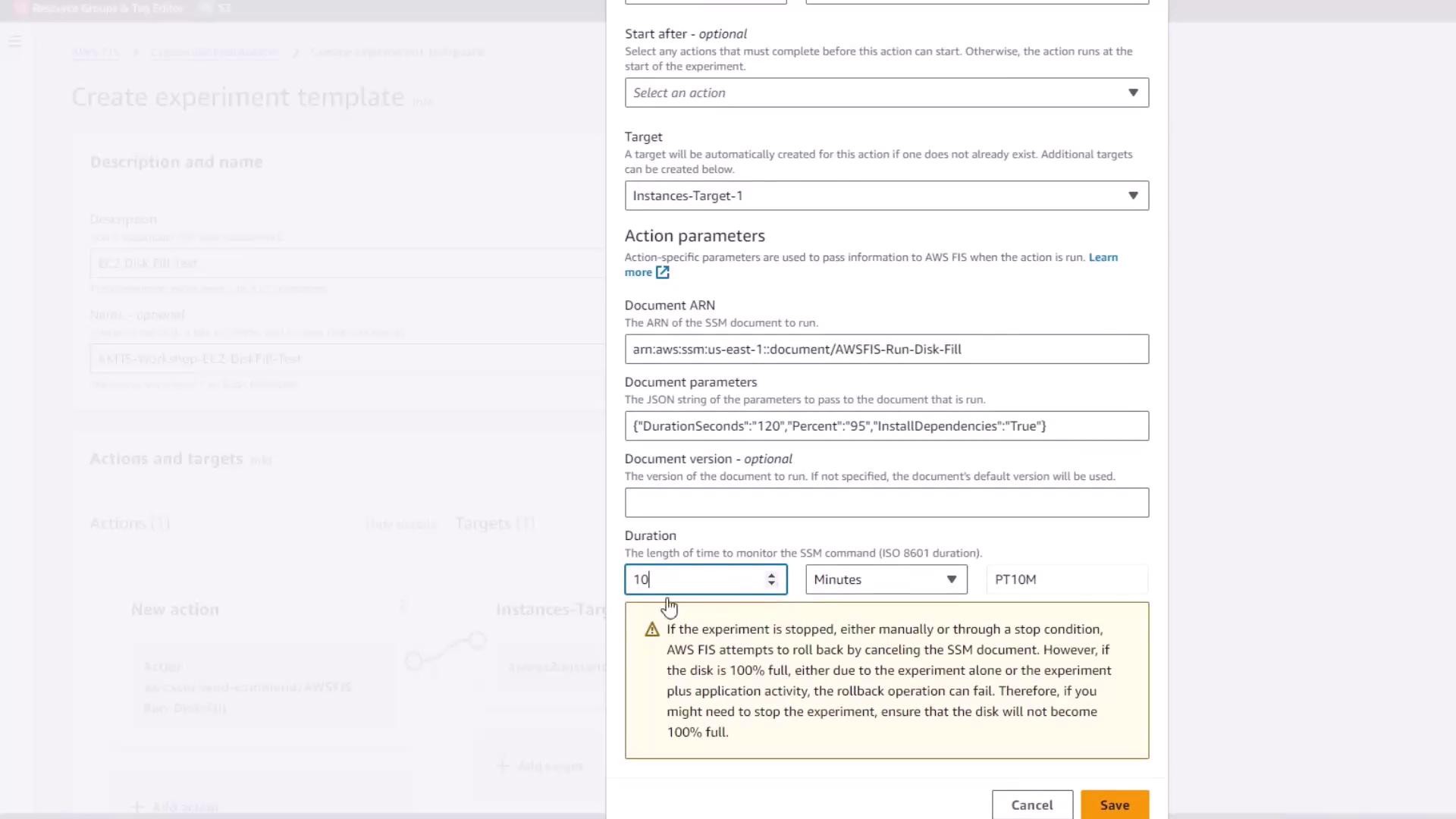 The image shows a configuration screen for creating an experiment template in AWS, specifically for an EC2 disk fill test. It includes fields for description, name, action parameters, and duration settings.