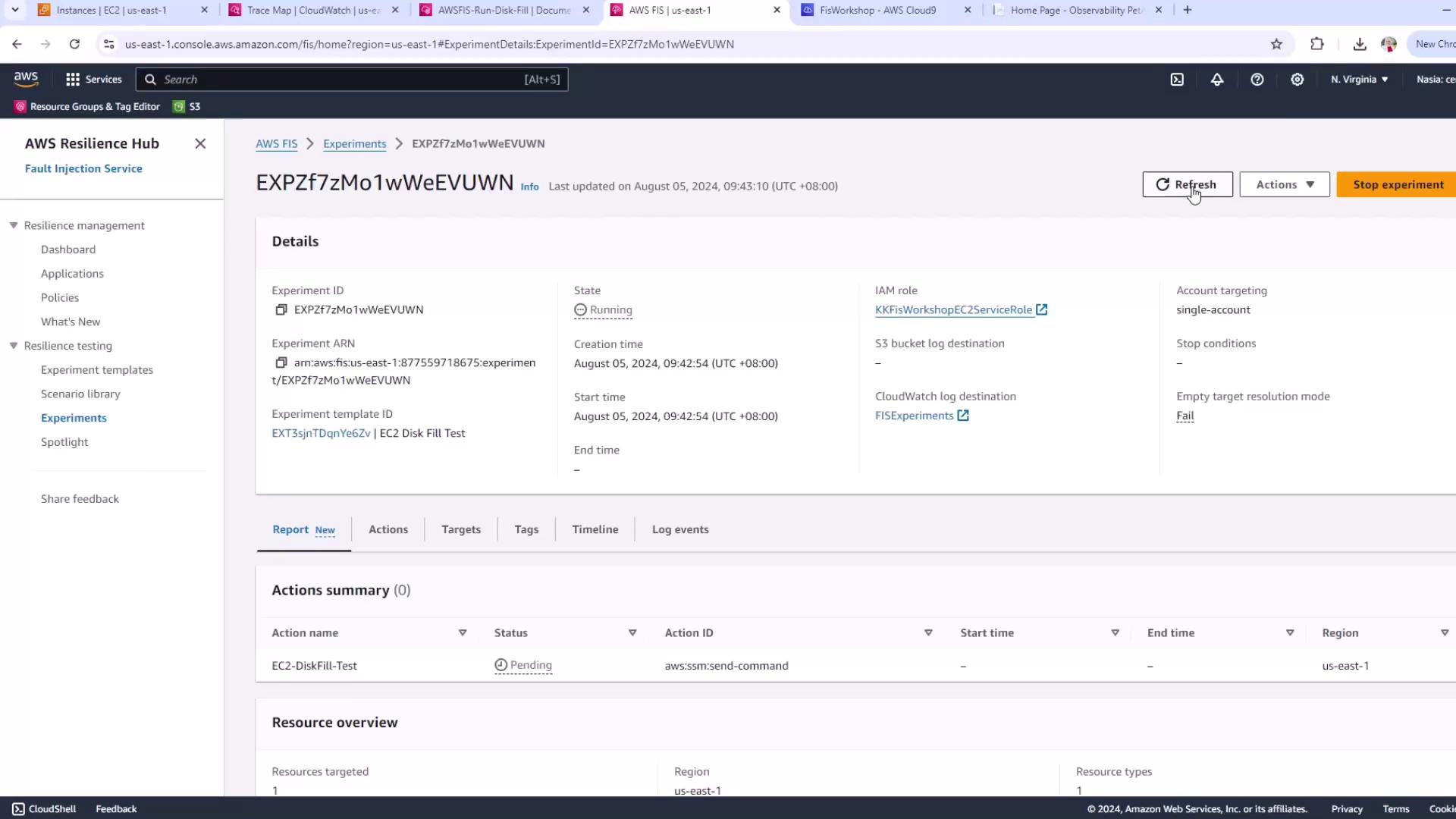 The image shows an AWS Fault Injection Simulator (FIS) dashboard with details of a running experiment, including its ID, state, and associated resources. The experiment is related to an EC2 Disk Fill Test.