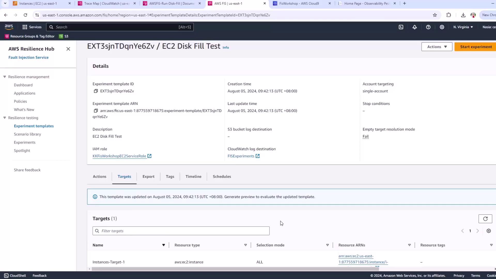 The image shows an AWS Fault Injection Simulator (FIS) interface for an EC2 Disk Fill Test experiment template. It includes details like the experiment template ID, creation time, and target information.