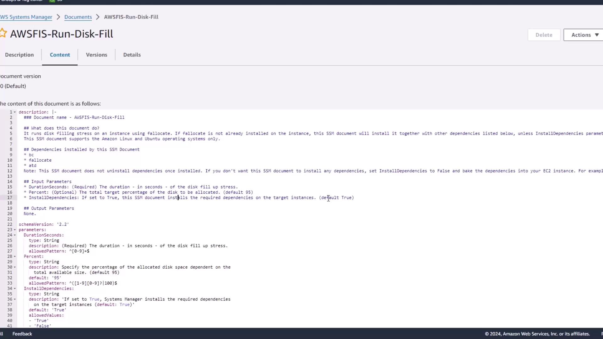 The image shows a document from AWS Systems Manager titled "AWSFIS-Run-Disk-Fill," detailing a script that runs disk filling stress on an instance using fallocate, with input parameters for duration and percentage of disk space to allocate.