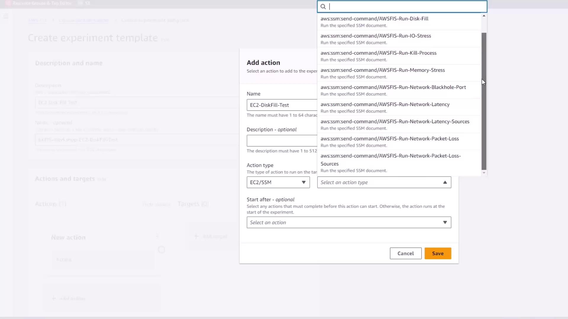 The image shows a user interface for creating an experiment template, with fields for description, name, and action type, and a dropdown menu listing various AWS SSM commands.