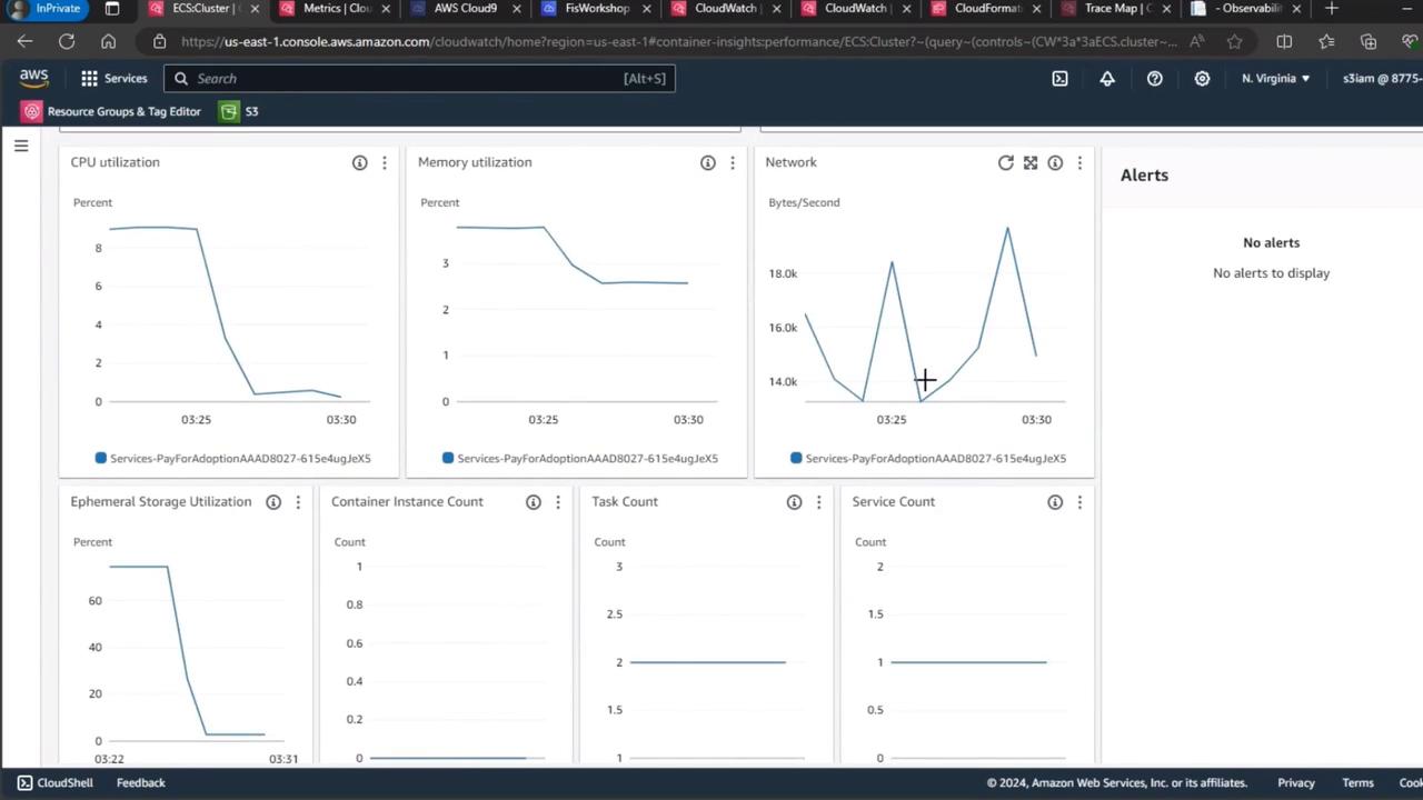 The image shows an AWS CloudWatch dashboard displaying various metrics such as CPU utilization, memory utilization, network activity, and other performance indicators for a service. There are no alerts present.