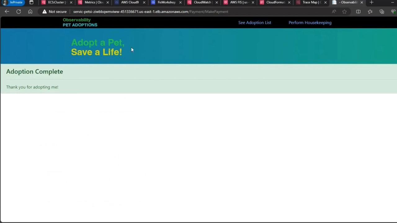 The image shows a webpage with a message indicating that a pet adoption is complete, thanking the user for adopting. The page is titled "Adopt a Pet, Save a Life!" and includes navigation options.