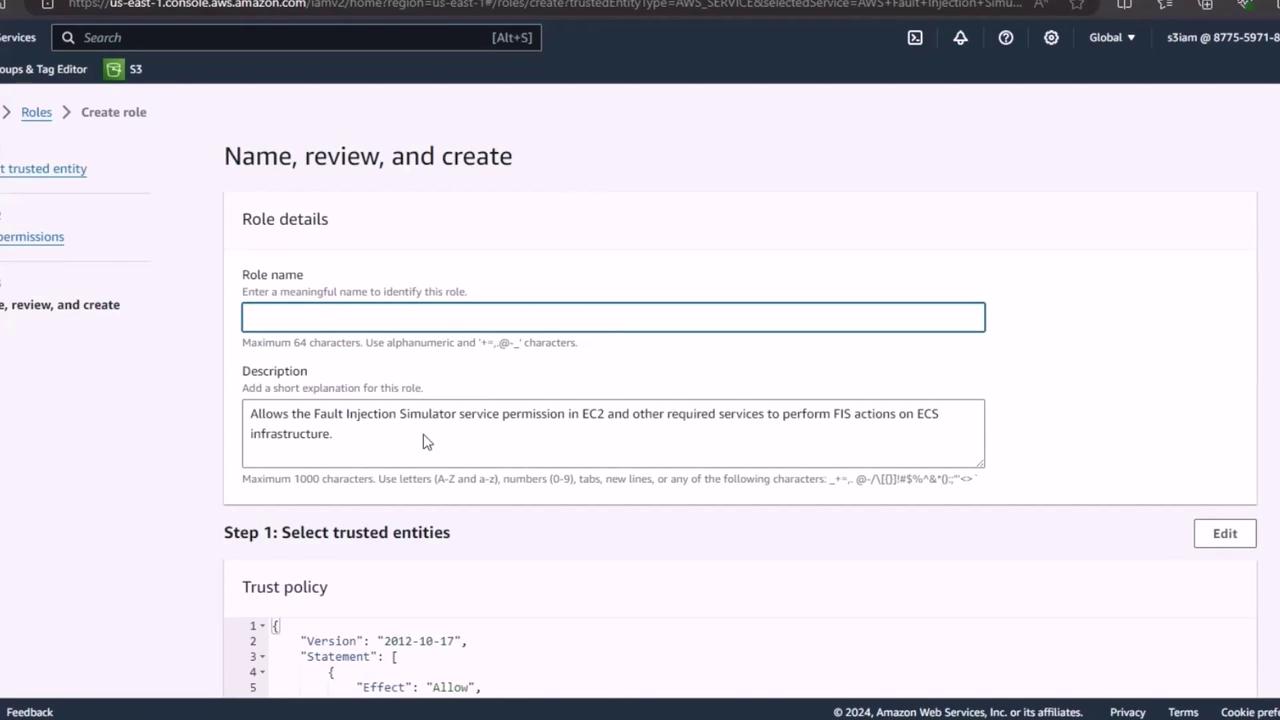 The image shows an AWS console interface for creating a role, with fields for entering a role name and description, and a section for selecting trusted entities and trust policy details.