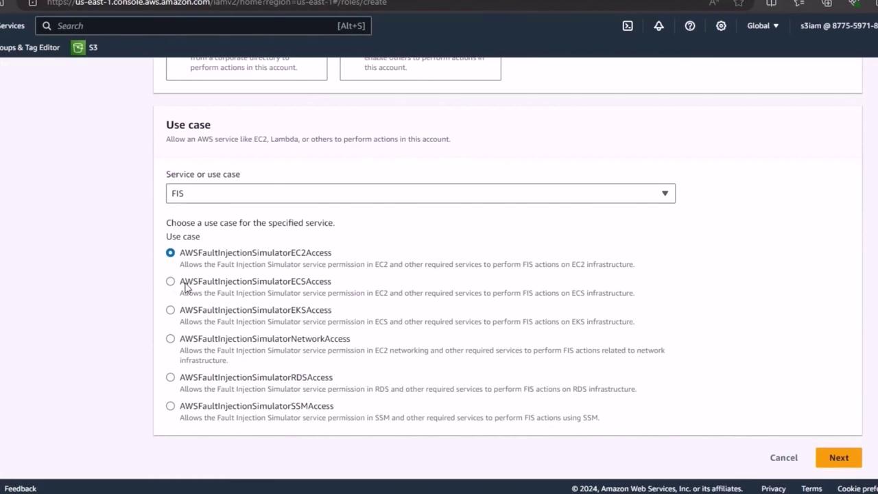The image shows an AWS console interface where a user is selecting a use case for the Fault Injection Simulator (FIS) service, with options for different types of access like EC2, ECS, and EKS.