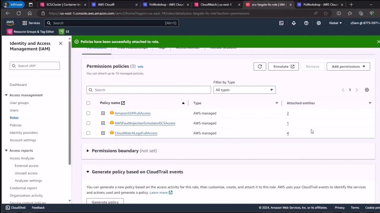 The image shows an AWS Identity and Access Management (IAM) interface with a list of permission policies attached to a role. The policies include AmazonSSMFullAccess, AWSFaultInjectionSimulatorECSAccess, and CloudWatchLogsFullAccess.