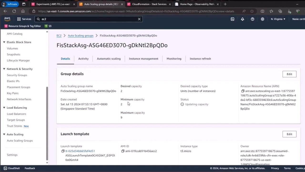 The image shows an AWS EC2 Auto Scaling group details page, displaying information such as group name, desired capacity, and launch template. The interface includes navigation options on the left for various AWS services.