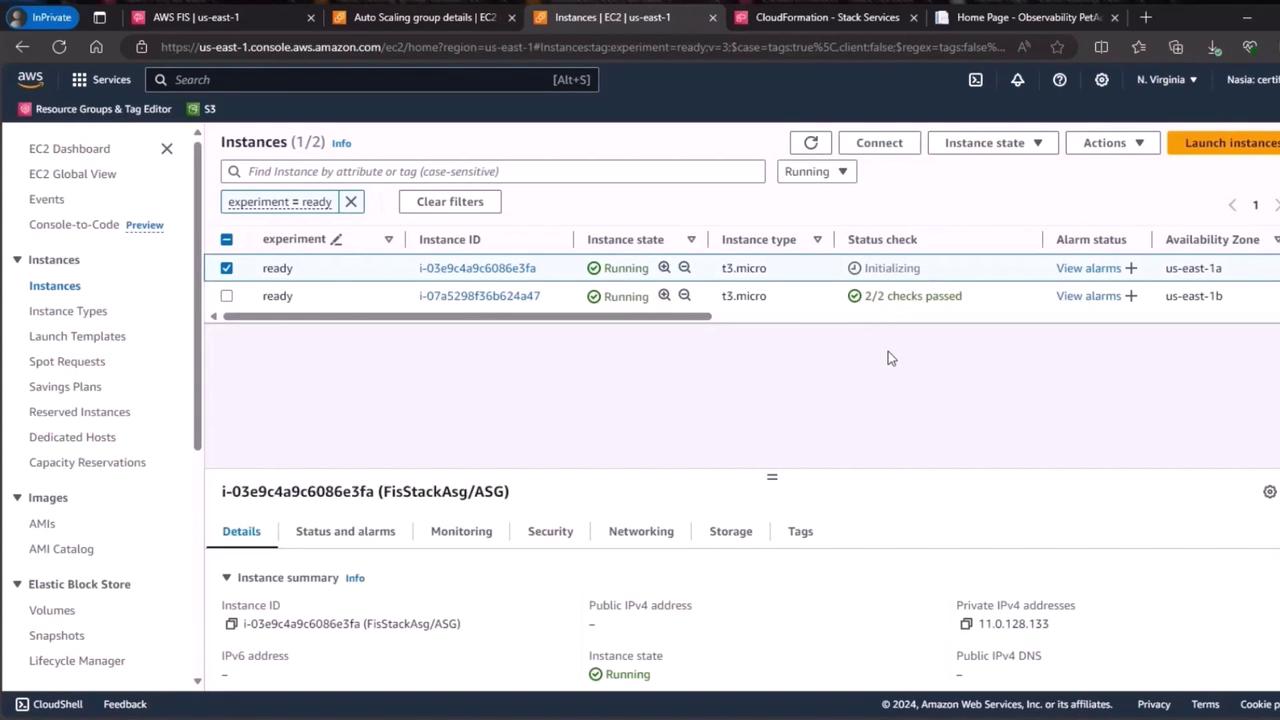 The image shows an AWS EC2 dashboard with two running instances, both of type t3.micro, with their status checks and availability zones displayed.