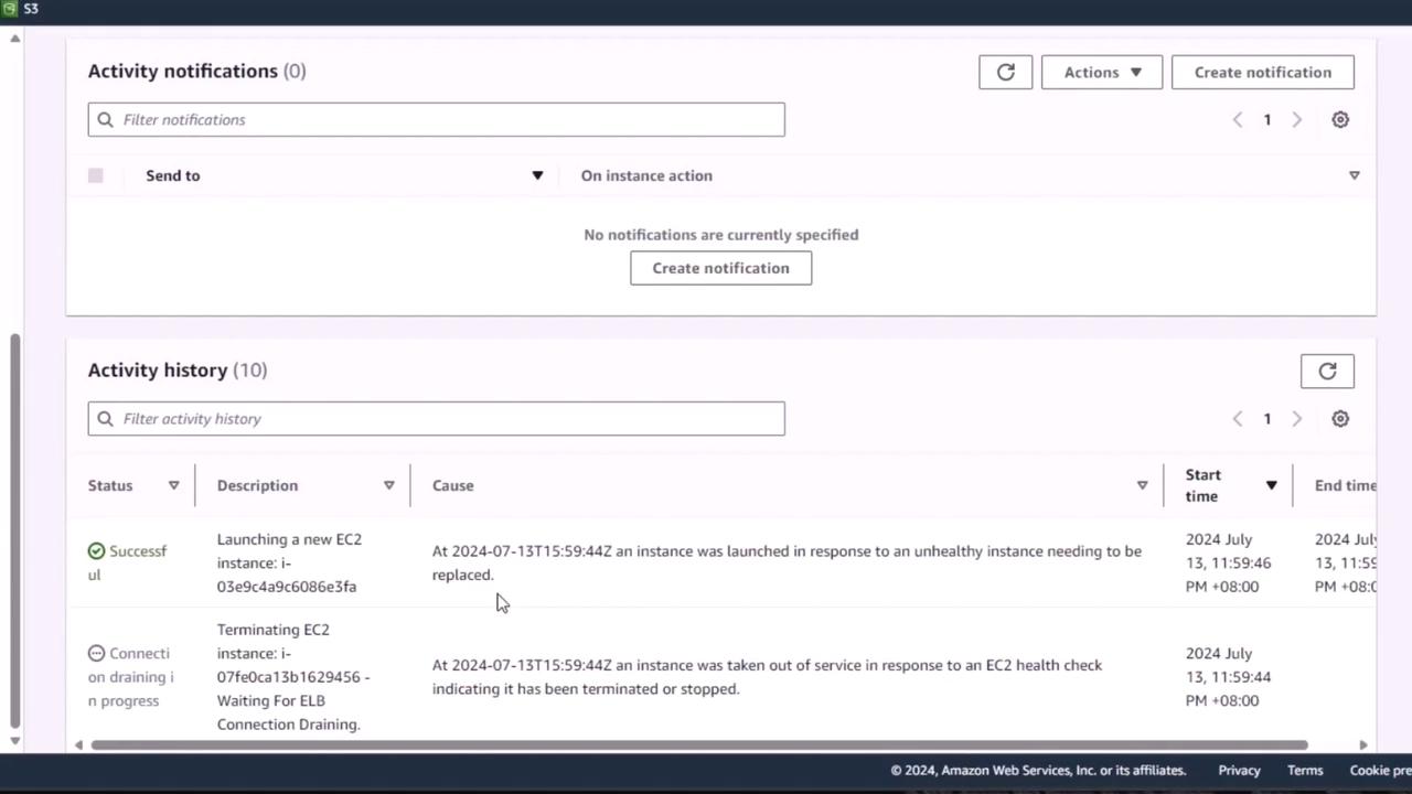 The image shows an AWS management console screen with sections for activity notifications and activity history, detailing EC2 instance actions such as launching and terminating instances.