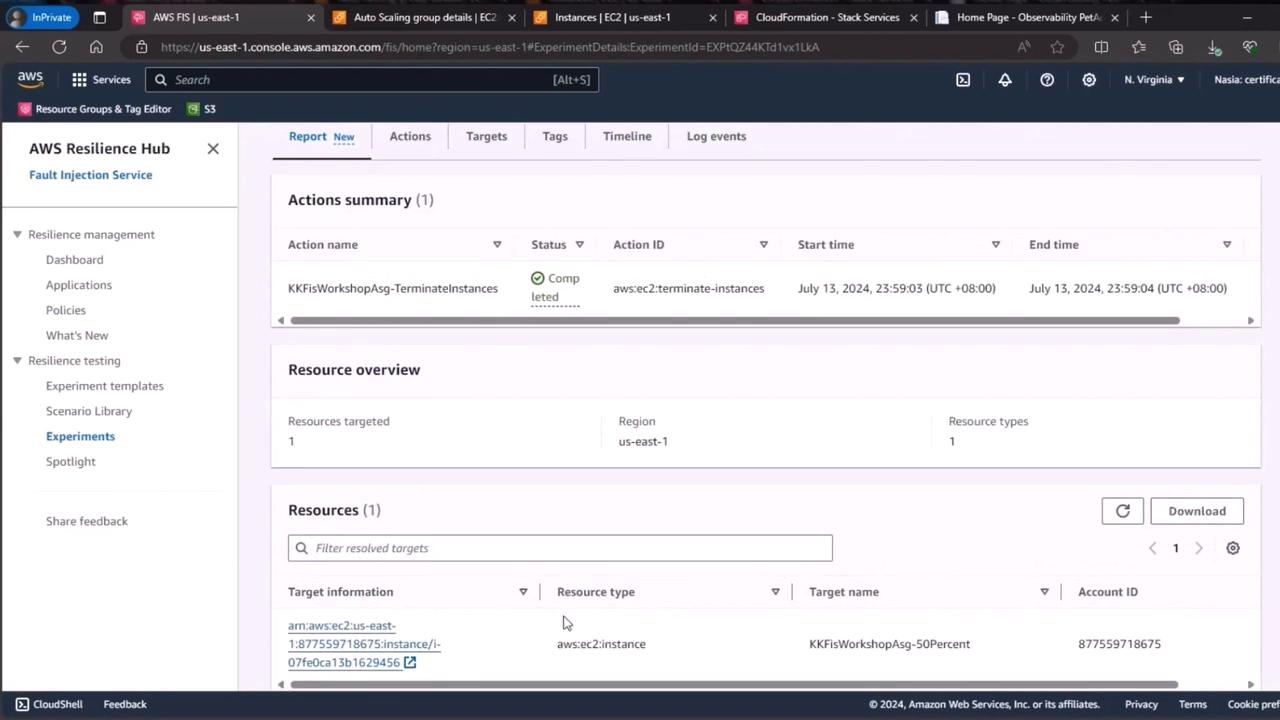 The image shows the AWS Resilience Hub interface, specifically the Fault Injection Service, displaying a completed action summary for terminating EC2 instances in the us-east-1 region.