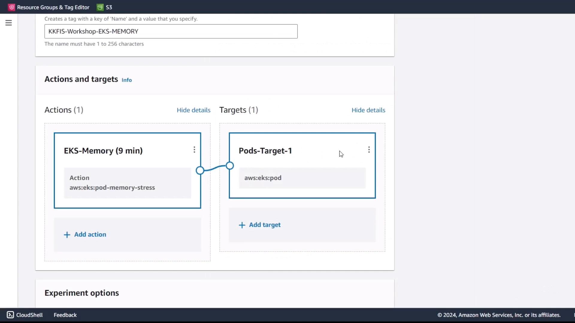 The image shows a configuration screen for an AWS EKS memory stress test, with actions and targets specified for a pod.