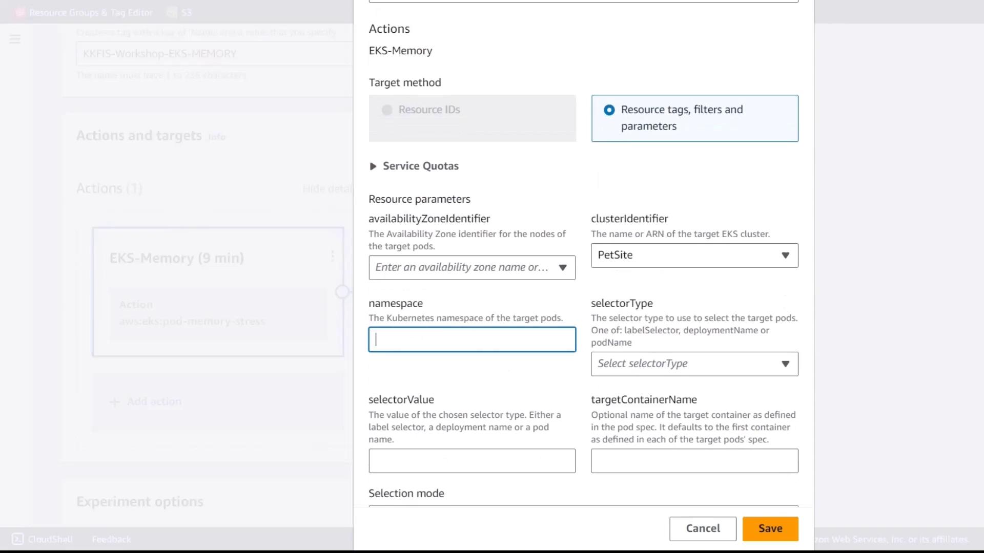 The image shows a configuration screen for setting up an EKS-Memory action in a cloud service interface, with fields for resource parameters and selection options.