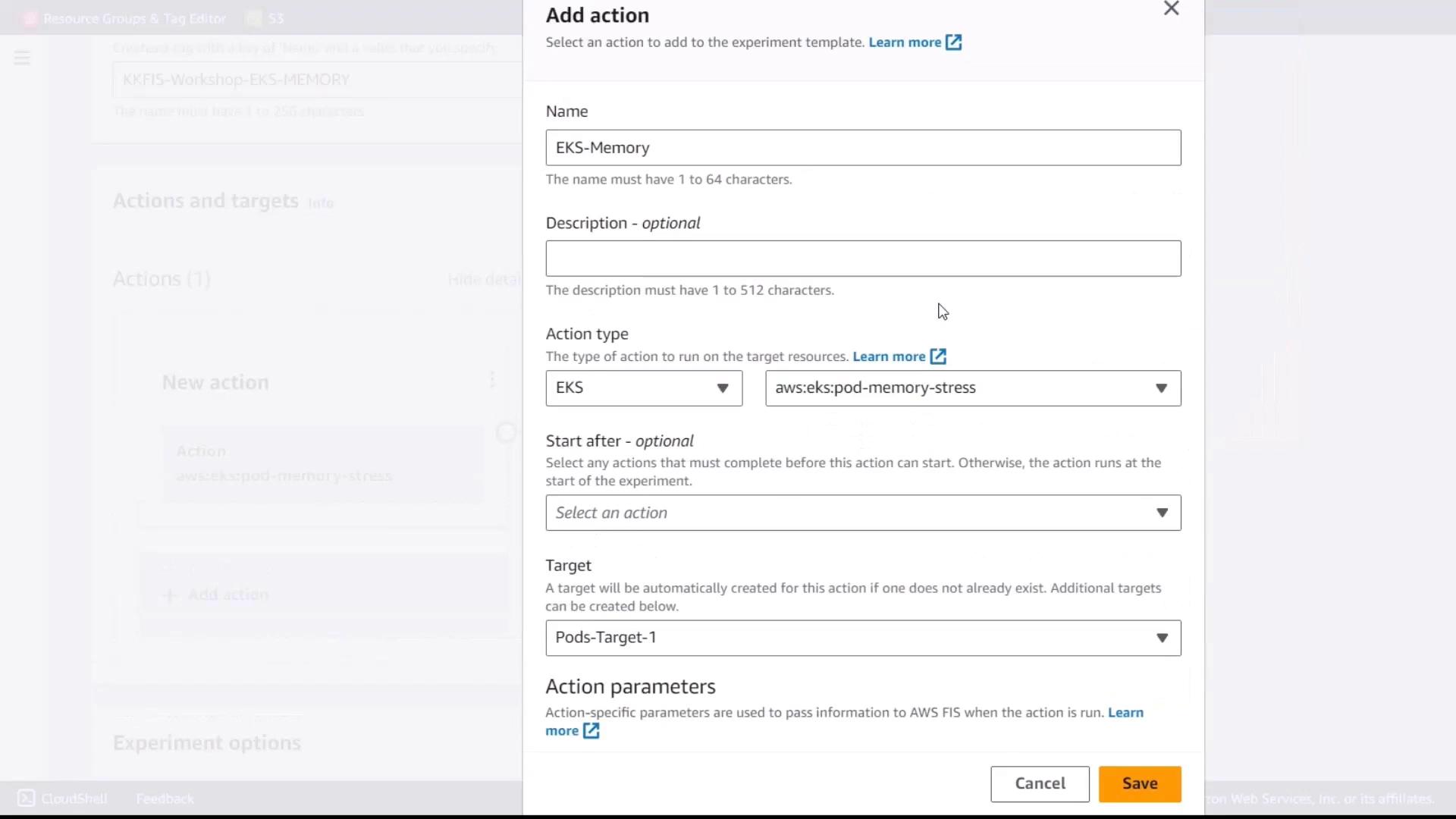 The image shows a form for adding an action in an experiment template, specifically for an EKS memory stress test, with fields for name, description, action type, and target.